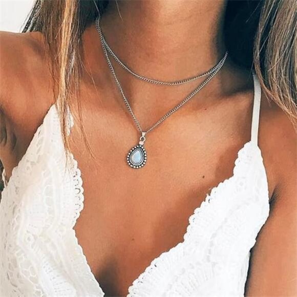 Simple Layered Bar Silver Drop Pendant Necklace Boho V Neck Women Accessories - Picture 5 of 10